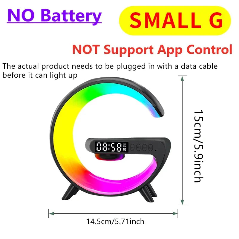 G Shape Bluetooth Speaker Wireless Charger RGB Ambient Light Digital Alarm Clock Bedside Night Lamp for Home Bedroom Hotel Decor