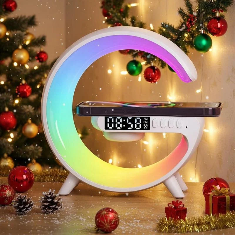 G Shape Bluetooth Speaker Wireless Charger RGB Ambient Light Digital Alarm Clock Bedside Night Lamp for Home Bedroom Hotel Decor