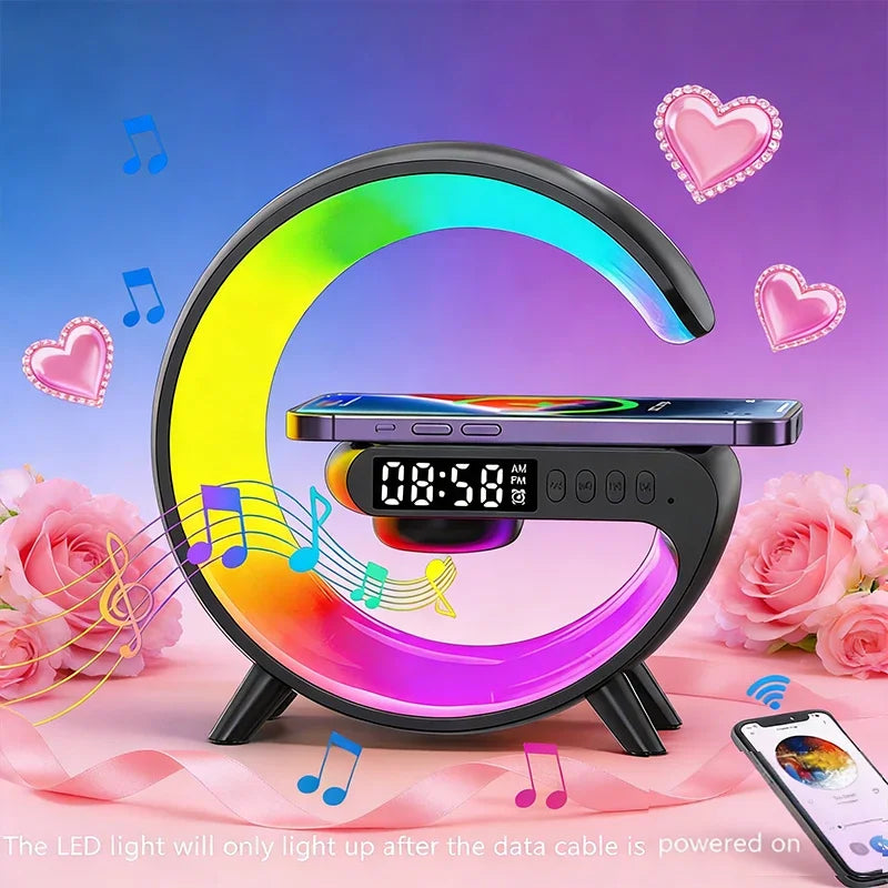 G Shape Bluetooth Speaker Wireless Charger RGB Ambient Light Digital Alarm Clock Bedside Night Lamp for Home Bedroom Hotel Decor