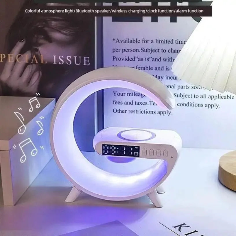 G Shape Bluetooth Speaker Wireless Charger RGB Ambient Light Digital Alarm Clock Bedside Night Lamp for Home Bedroom Hotel Decor