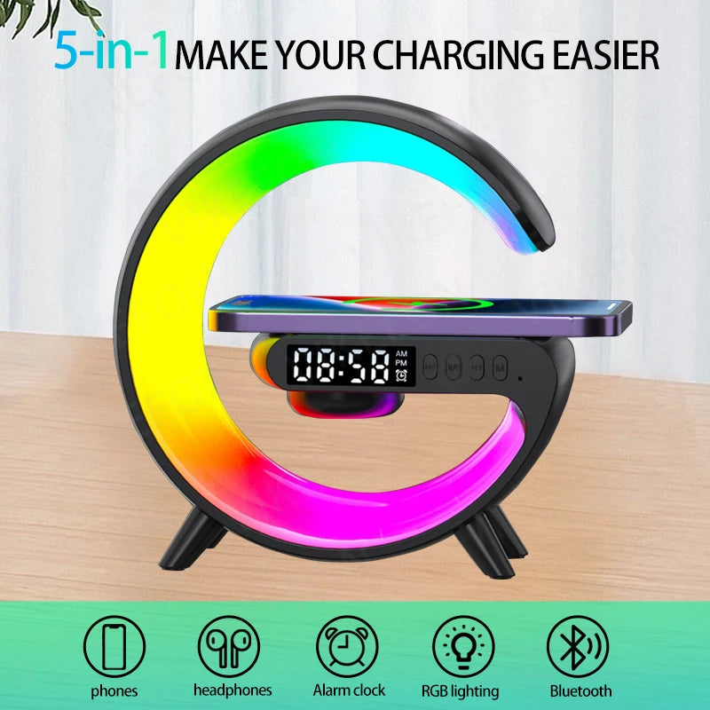G Shape Bluetooth Speaker Wireless Charger RGB Ambient Light Digital Alarm Clock Bedside Night Lamp for Home Bedroom Hotel Decor