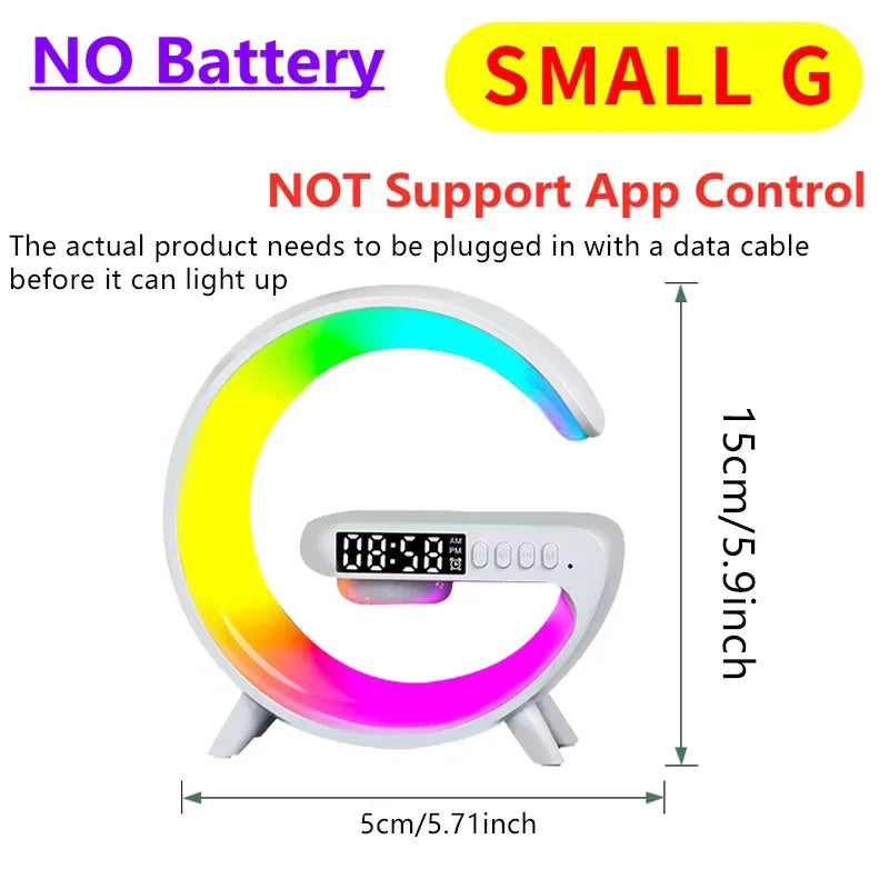 G Shape Bluetooth Speaker Wireless Charger RGB Ambient Light Digital Alarm Clock Bedside Night Lamp for Home Bedroom Hotel Decor